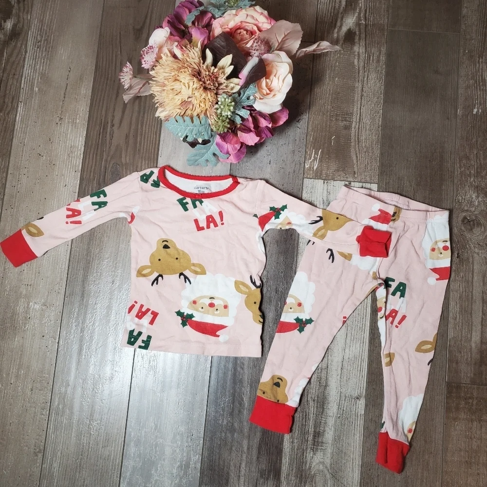 Carter's Toddler Girl Size 18m Pink Christmas Holiday Matching Pajamas Pjs 2pc